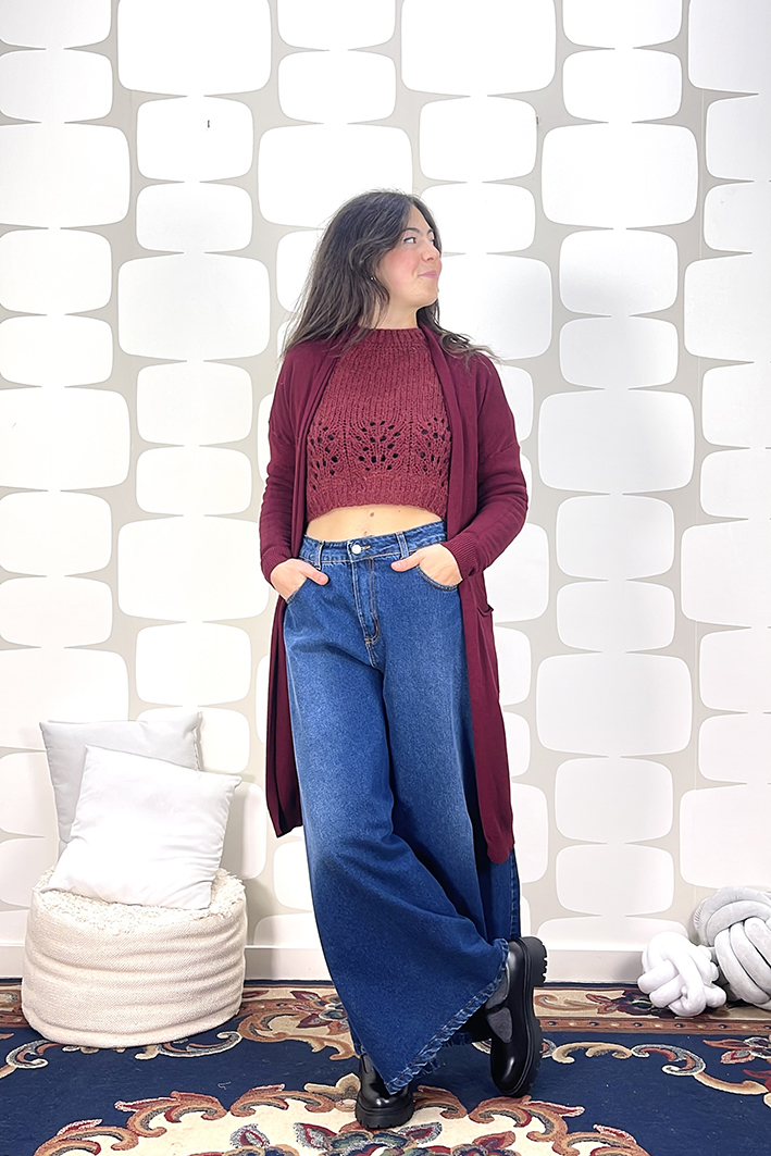 outfit Maglia Anaki bordeaux, Jeans Kalesi e Cardigan Guizonne bordeaux fabbrica di giuggiole