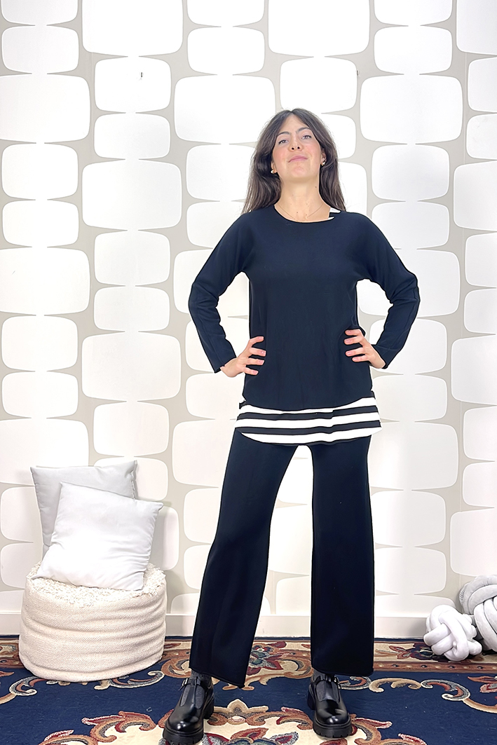 outfit con maglia miso nera e pantalone miso nero fabbrica di giuggiole